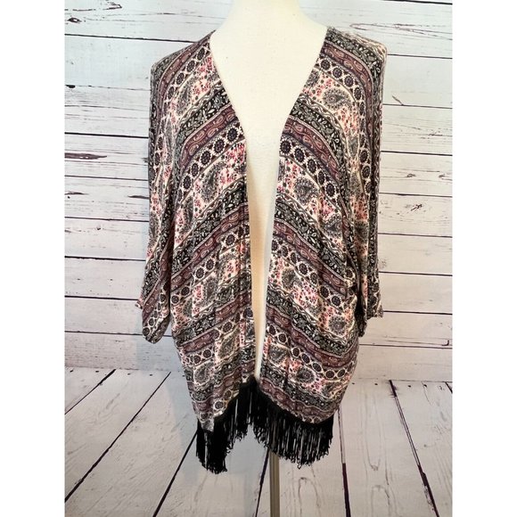 Mauve Open Front Cardigan Lagenlook Fringed Paisley Sweater Shirt‎ Medium ST8232 - Picture 1 of 10
